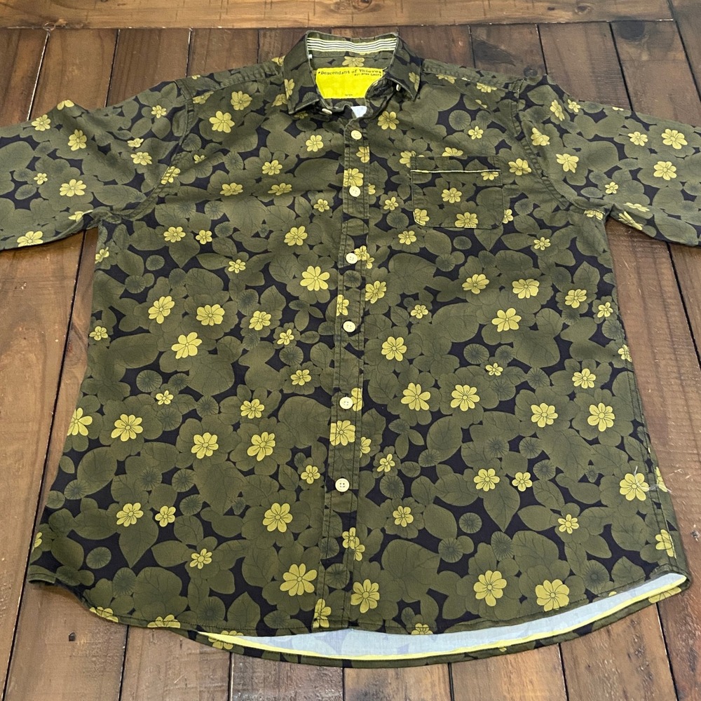 Descendant of Thieves Mens Large Floral Button Down Shirt Olive Green Yellow